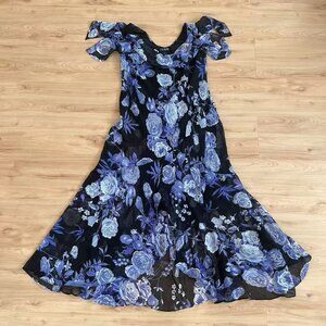 EVA BLUE Dress Womens 6 Blue Sequin Chiffon Floral Accents Y2K Midi Cottage